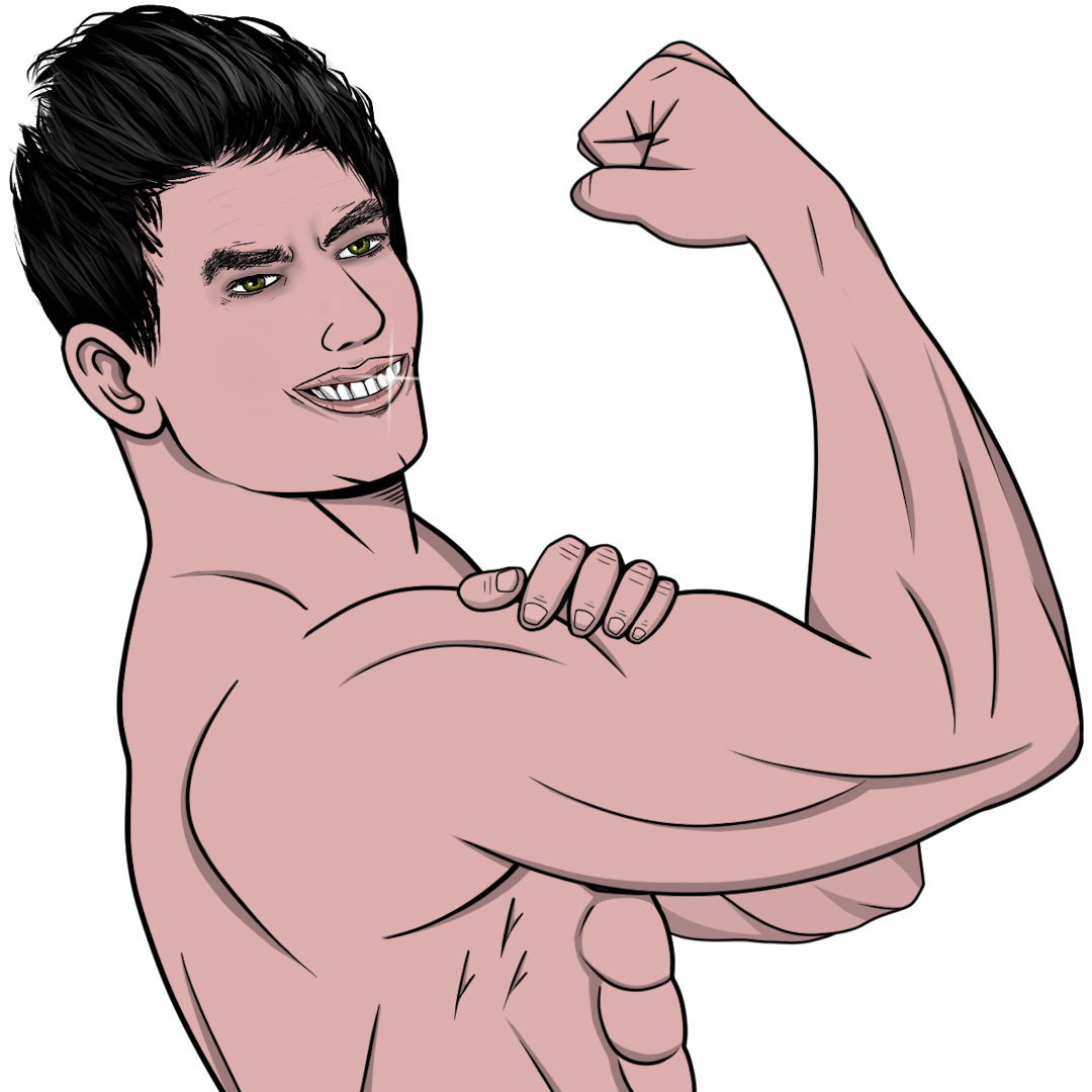 chad flexing his bicep and smiling